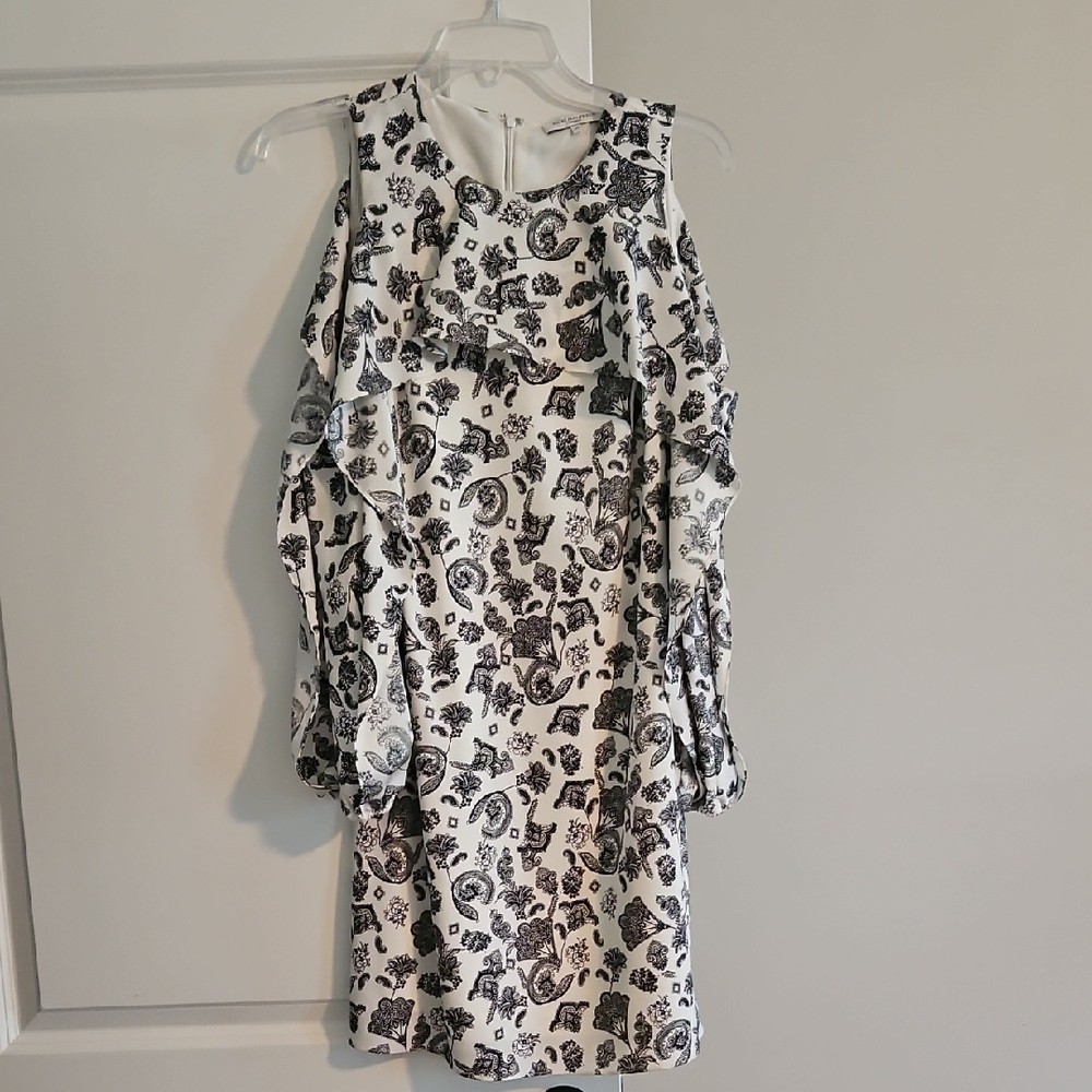 NWOT Kobi Halperin Black & White Floral Long Sleeve, Open Shoulder Dress